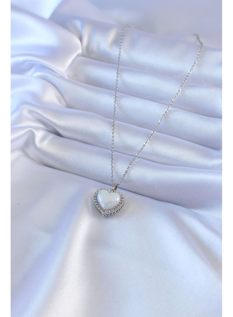 316L Çelik Gümüş Renk İncili Kalp Model Zirkon Taşlı Kadın Kolye