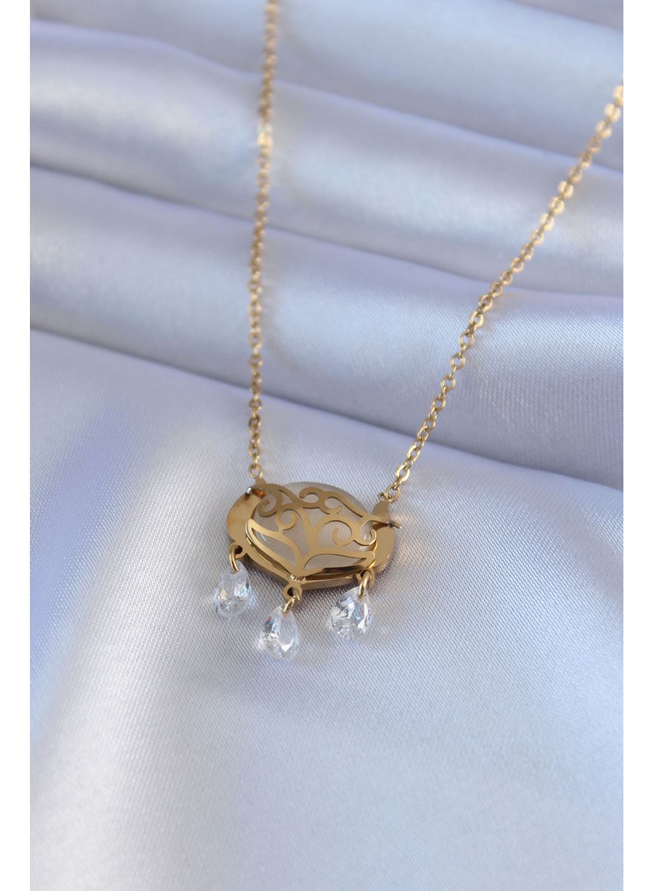 316L Çelik Gold Renk Lotus Model Zirkon Taşlı Kadın Kolye