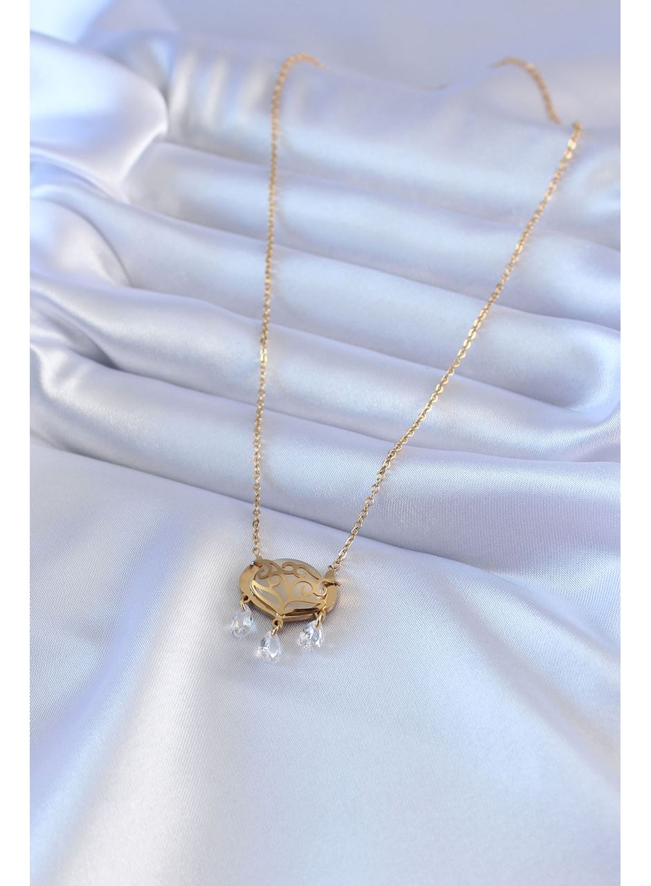 316L Çelik Gold Renk Lotus Model Zirkon Taşlı Kadın Kolye