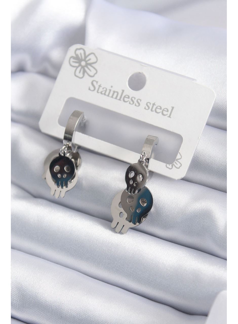 316L Çelik Gümüş Renk Sallantı Kuru Kafa Model Kadın Küpe