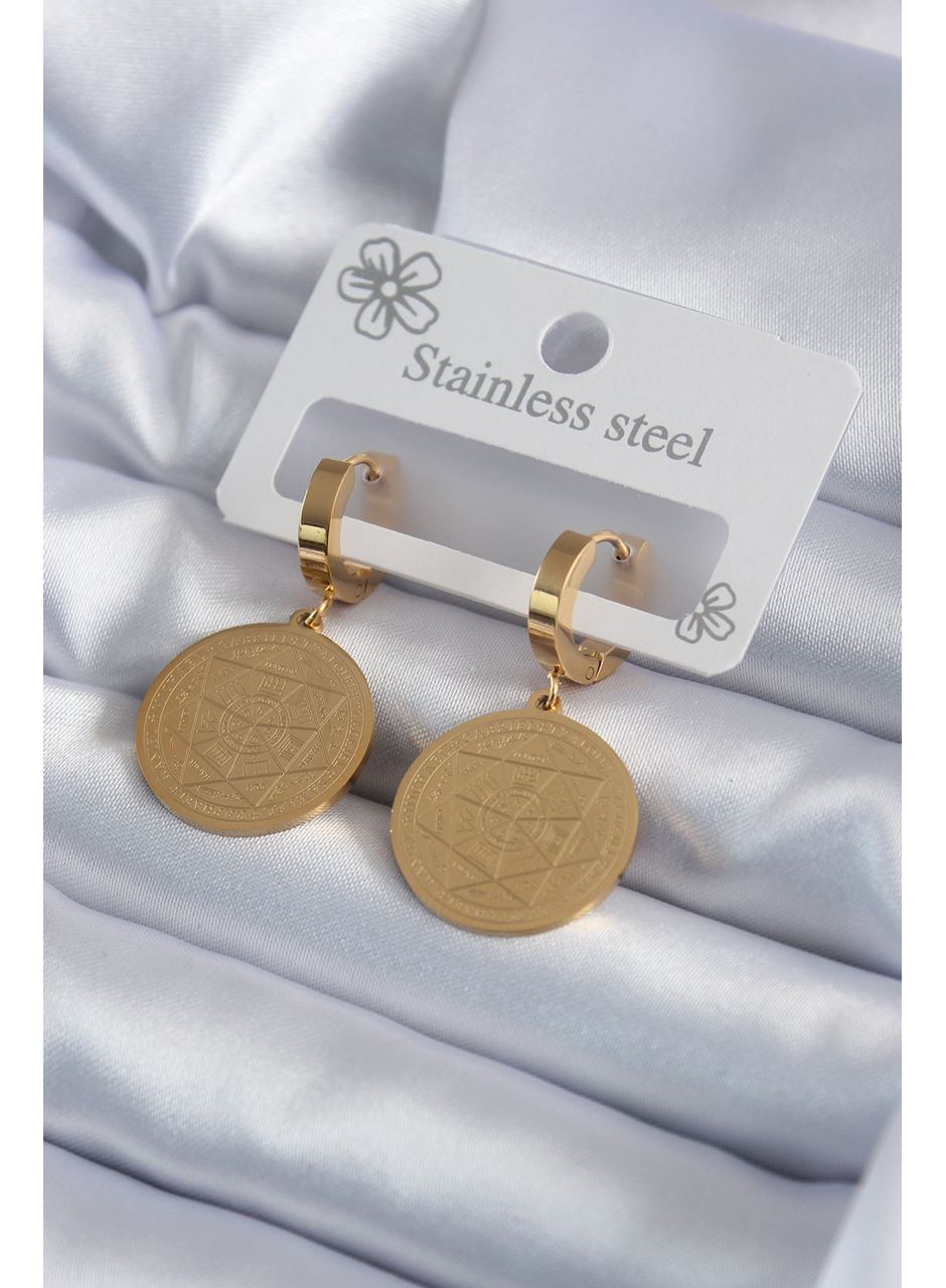 316L Çelik Gold Renk Pentagram İşleme Model Kadın Küpe