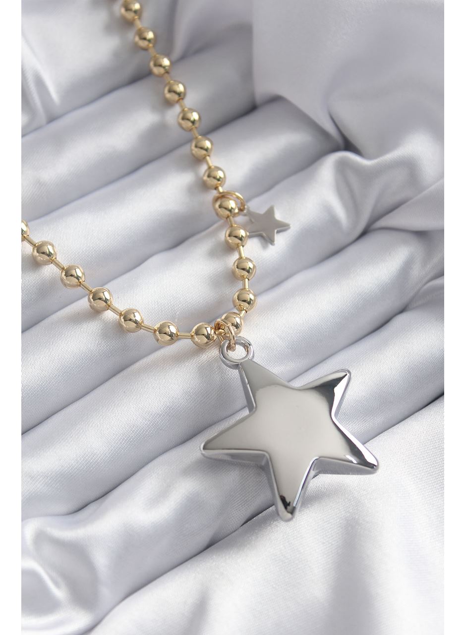 Pirinç Gold Renk Topçuk Zincir Gümüş 3D Yıldız Model Yıldız Detay VİP Kadın Kolye