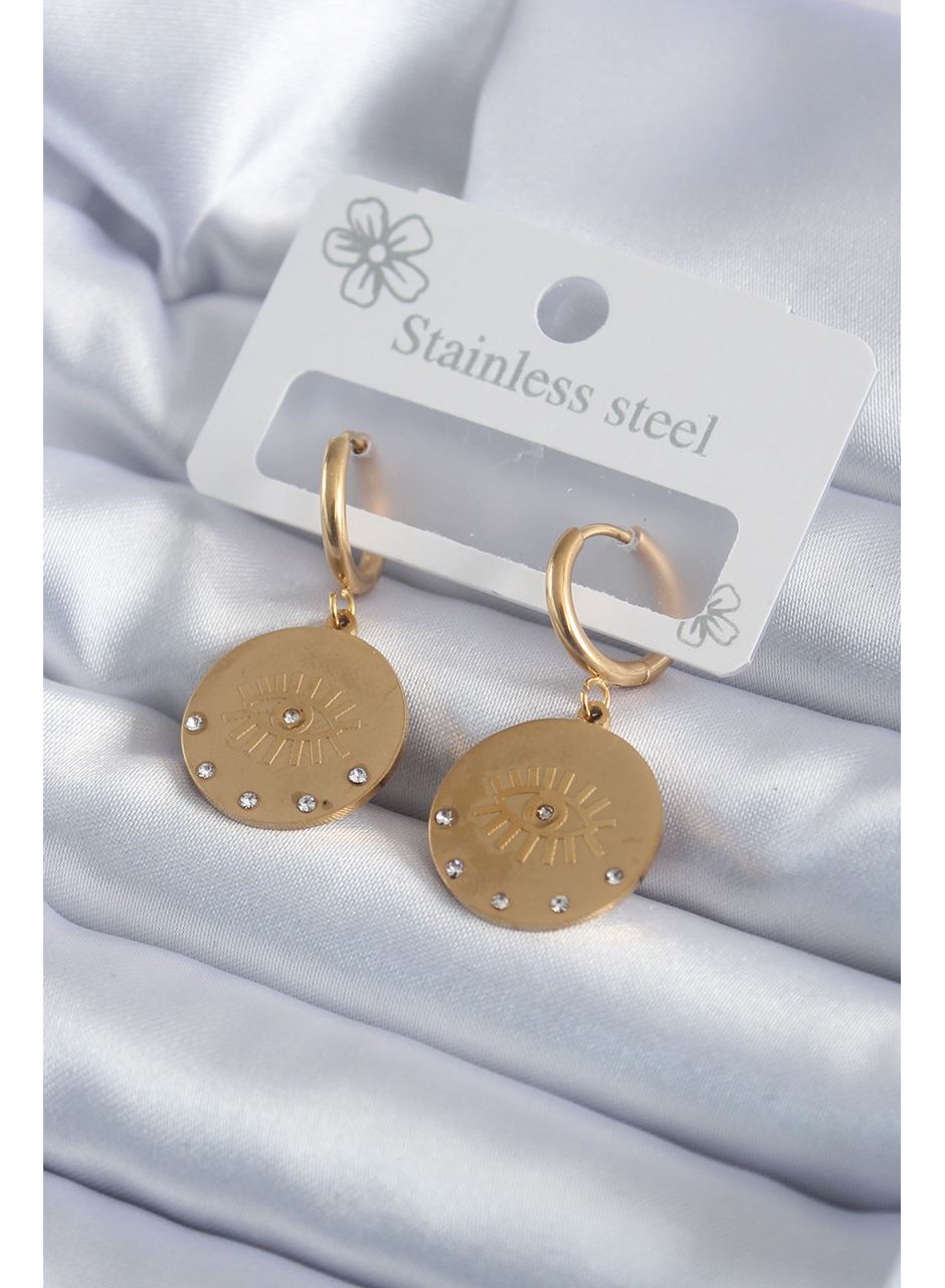 316L Çelik Gold Renk Zirkon Taşlı Göz İşleme Model Kadın Küpe