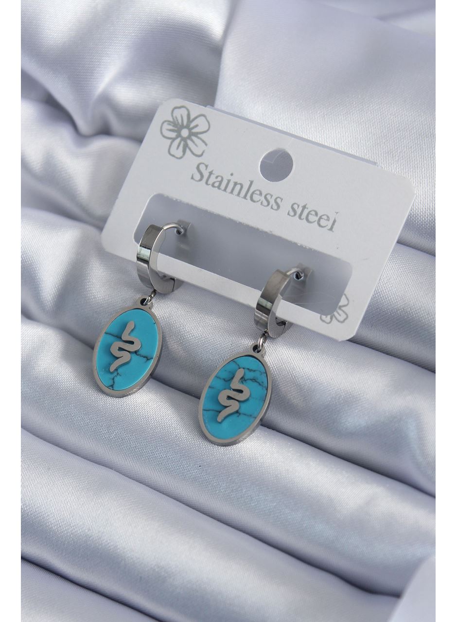 316L Çelik Gümüş Renk Oval Mavi Taşlı Yılan Figür Kadın Küpe