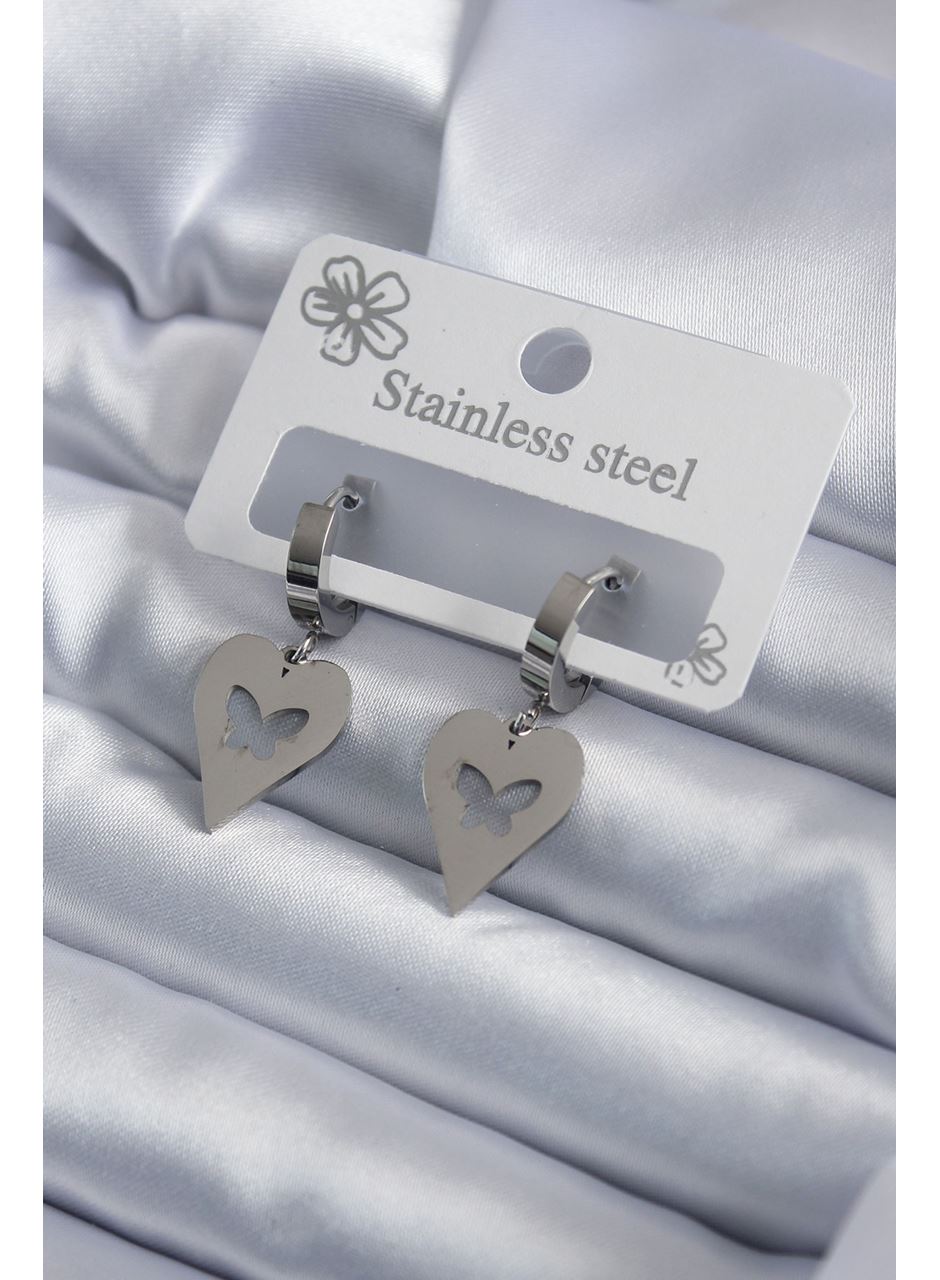 316L Çelik Gümüş Renk Kalp Model Kelebek İşleme Kadın Küpe