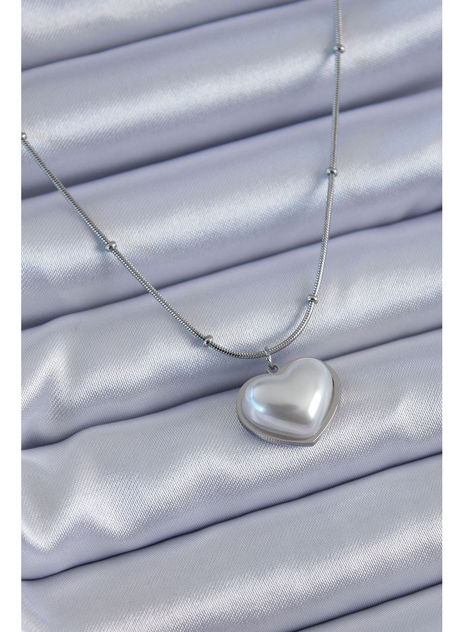 316L Çelik Gümüş Renk İncili Kalp Model Minimal Top Detay Kadın Kolye