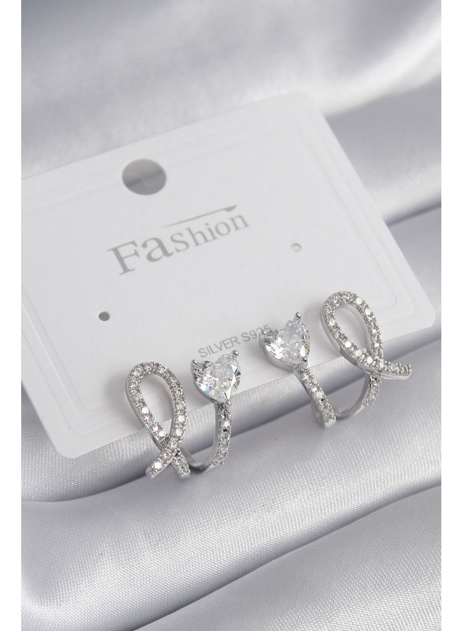 Pirinç Gümüş Renk Kalp Model Zirkon Taşlı Kadın Küpe