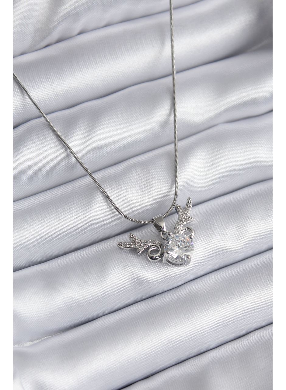 316L Çelik Gümüş Renk Zirkon Taşlı Boynuz Model Kadın Kolye