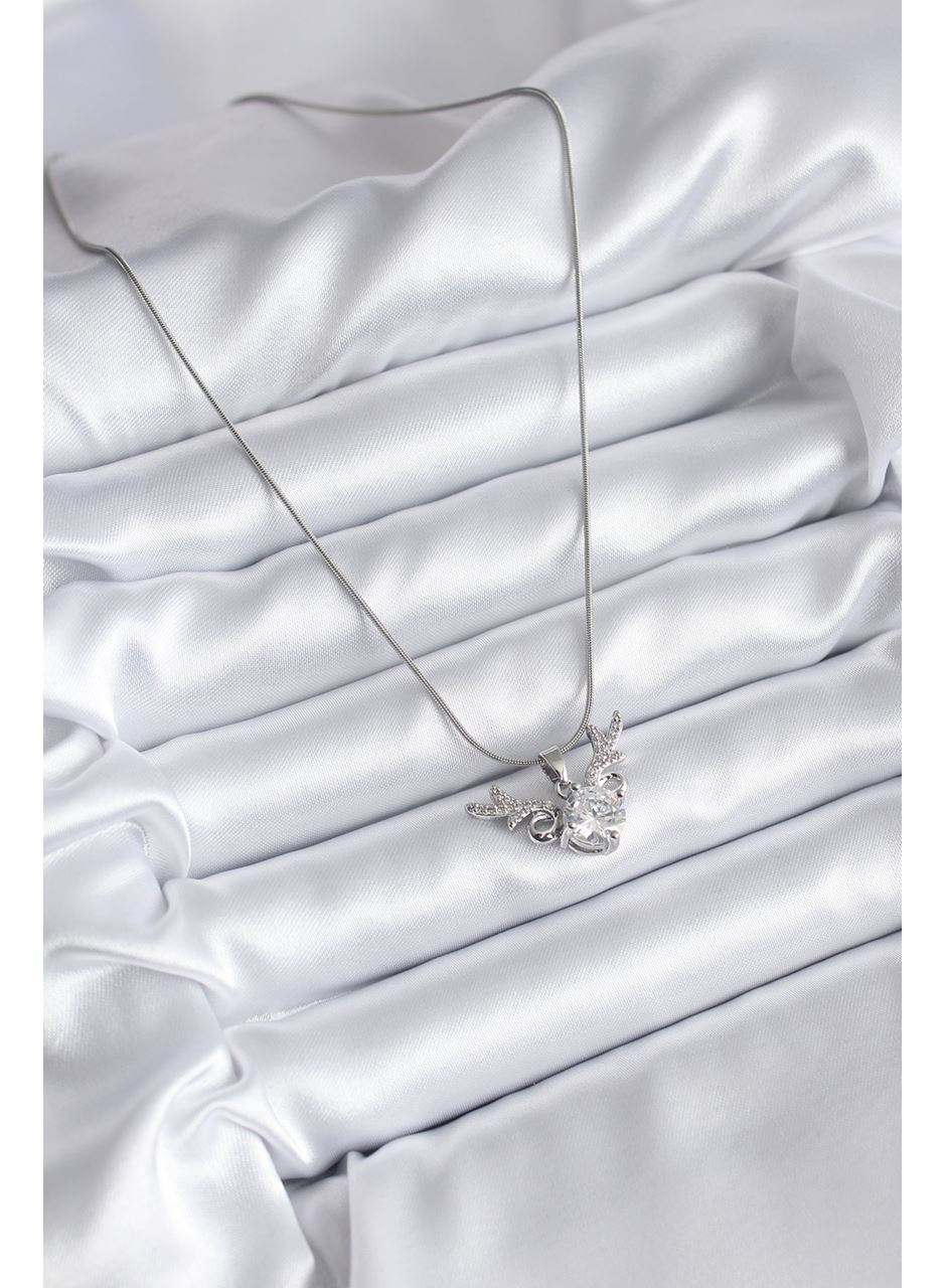 316L Çelik Gümüş Renk Zirkon Taşlı Boynuz Model Kadın Kolye