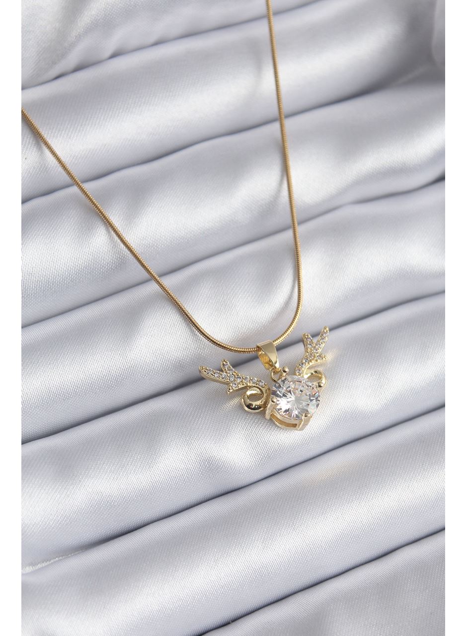 316L Çelik Gold Renk Zirkon Taşlı Boynuz Model Kadın Kolye