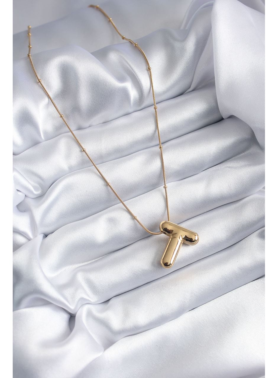 316L Çelik Gold Renk Bubble "T" Harf Model Kadın Kolye