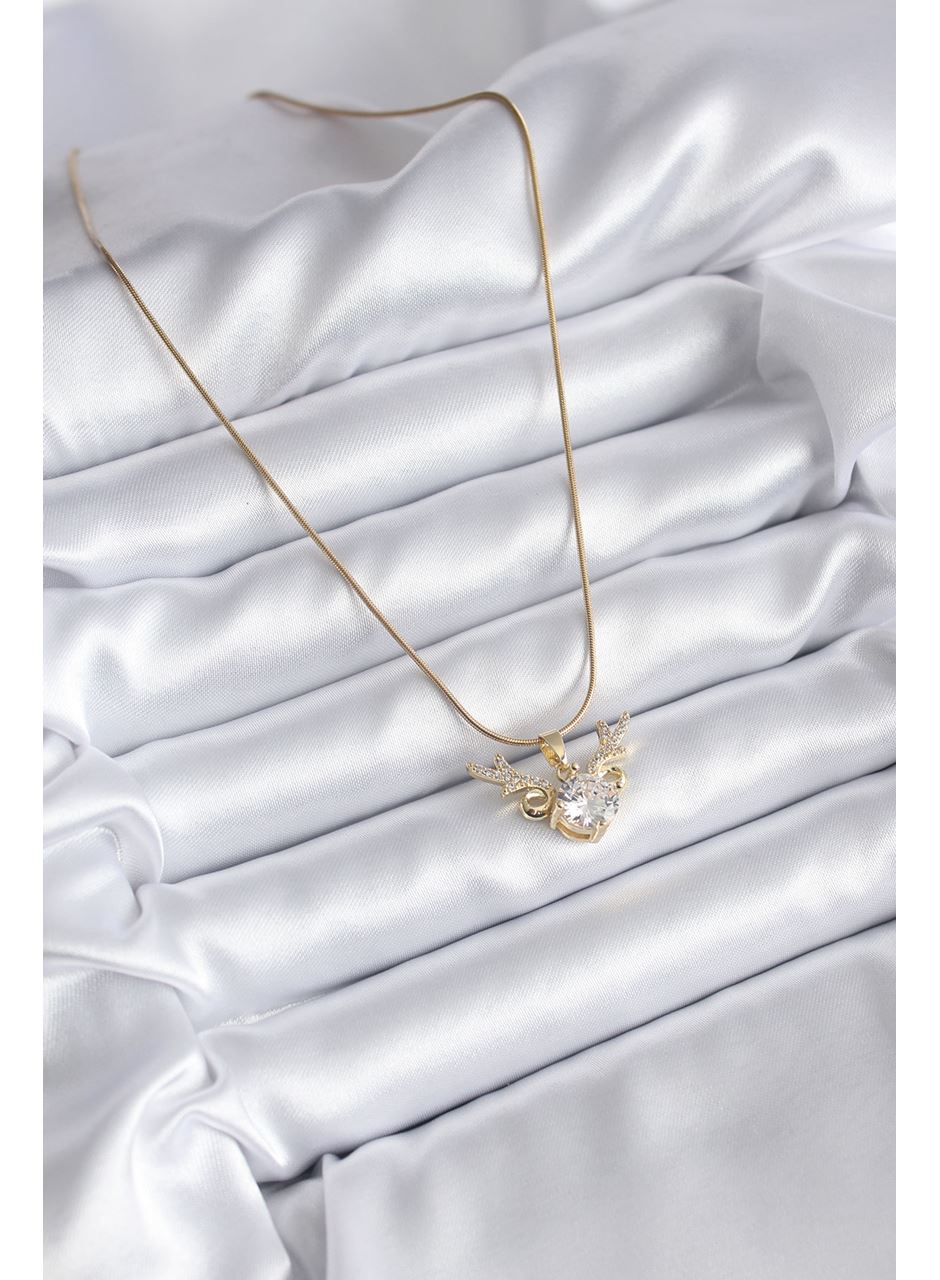 316L Çelik Gold Renk Zirkon Taşlı Boynuz Model Kadın Kolye