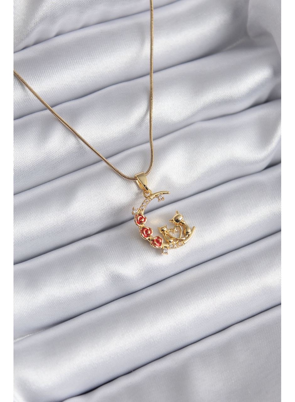 316L Çelik Gold Renk Hilal Kedi Model Zirkon Taşlı Detay Kadın Kolye