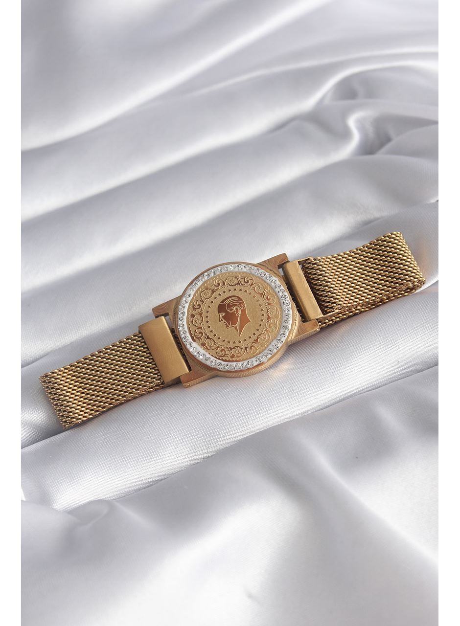 316L Çelik Gold Renk Mıknatıslı Hasır Zirkon Taşlı Çeyrek Altın Model Kadın Bileklik