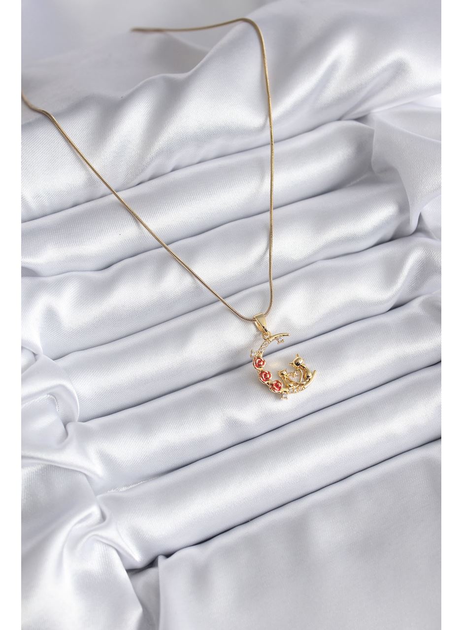 316L Çelik Gold Renk Hilal Kedi Model Zirkon Taşlı Detay Kadın Kolye