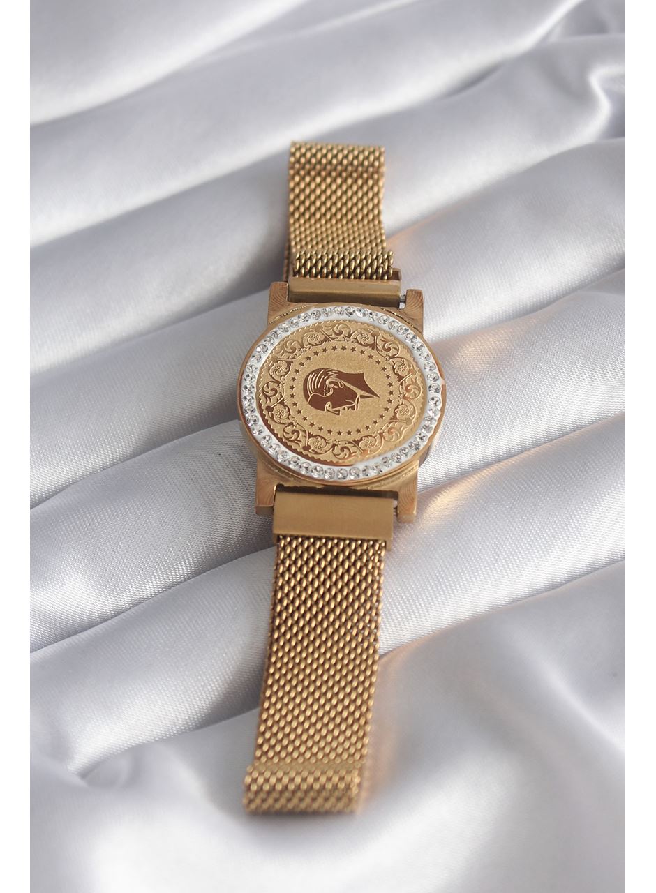 316L Çelik Gold Renk Mıknatıslı Hasır Zirkon Taşlı Çeyrek Altın Model Kadın Bileklik