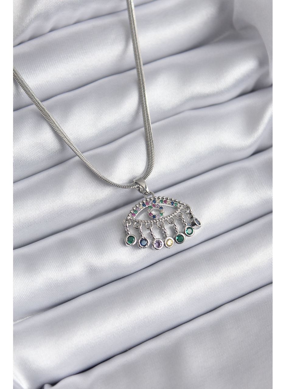 316L Çelik Gümüş Renk İtalyan Zincir Zirkon Taşlı Göz Figür Kadın Kolye