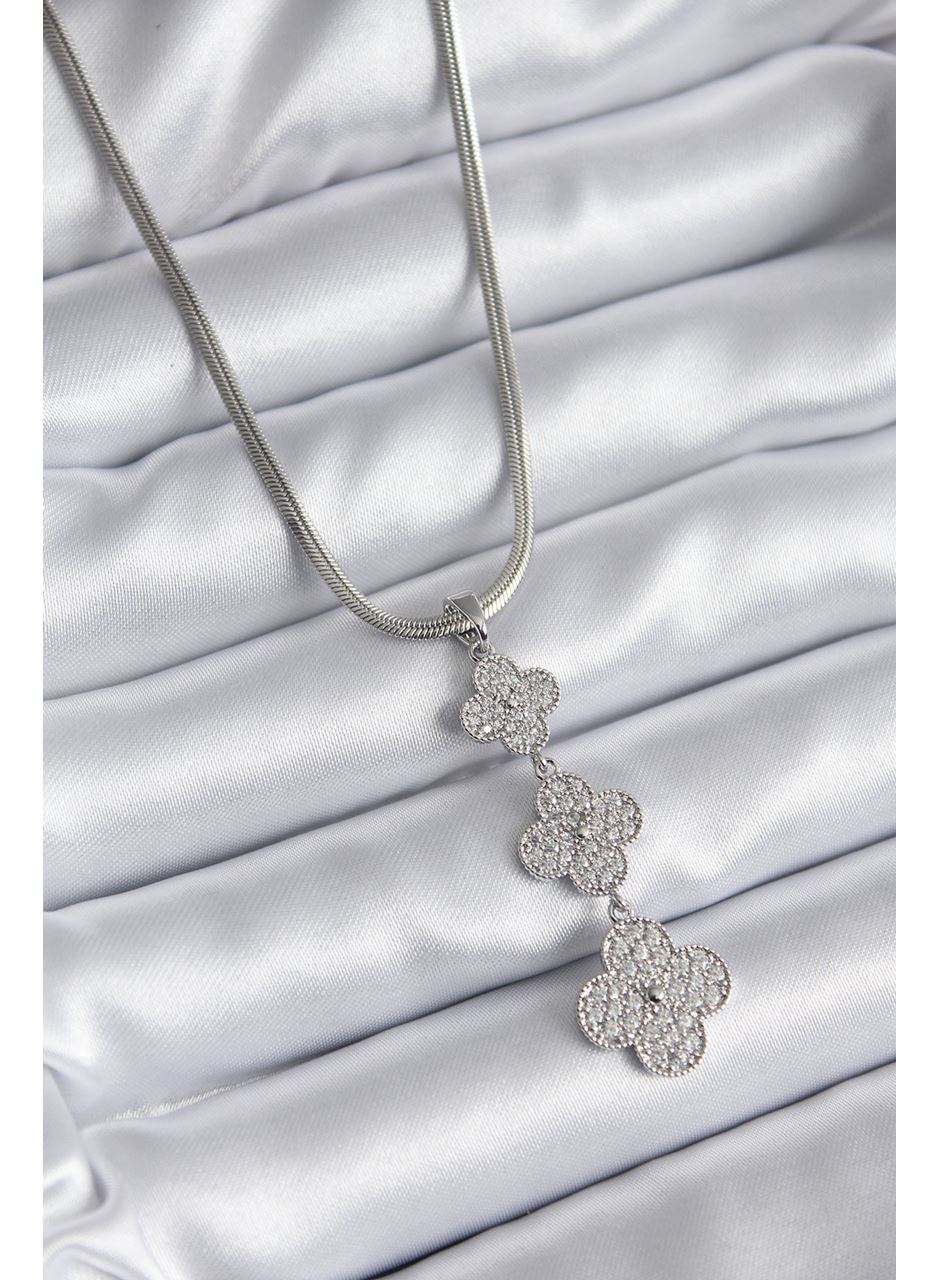 316L Çelik Gümüş Renk İtalyan Zincir Zirkon Taşı Yonca Model Kadın Kolye