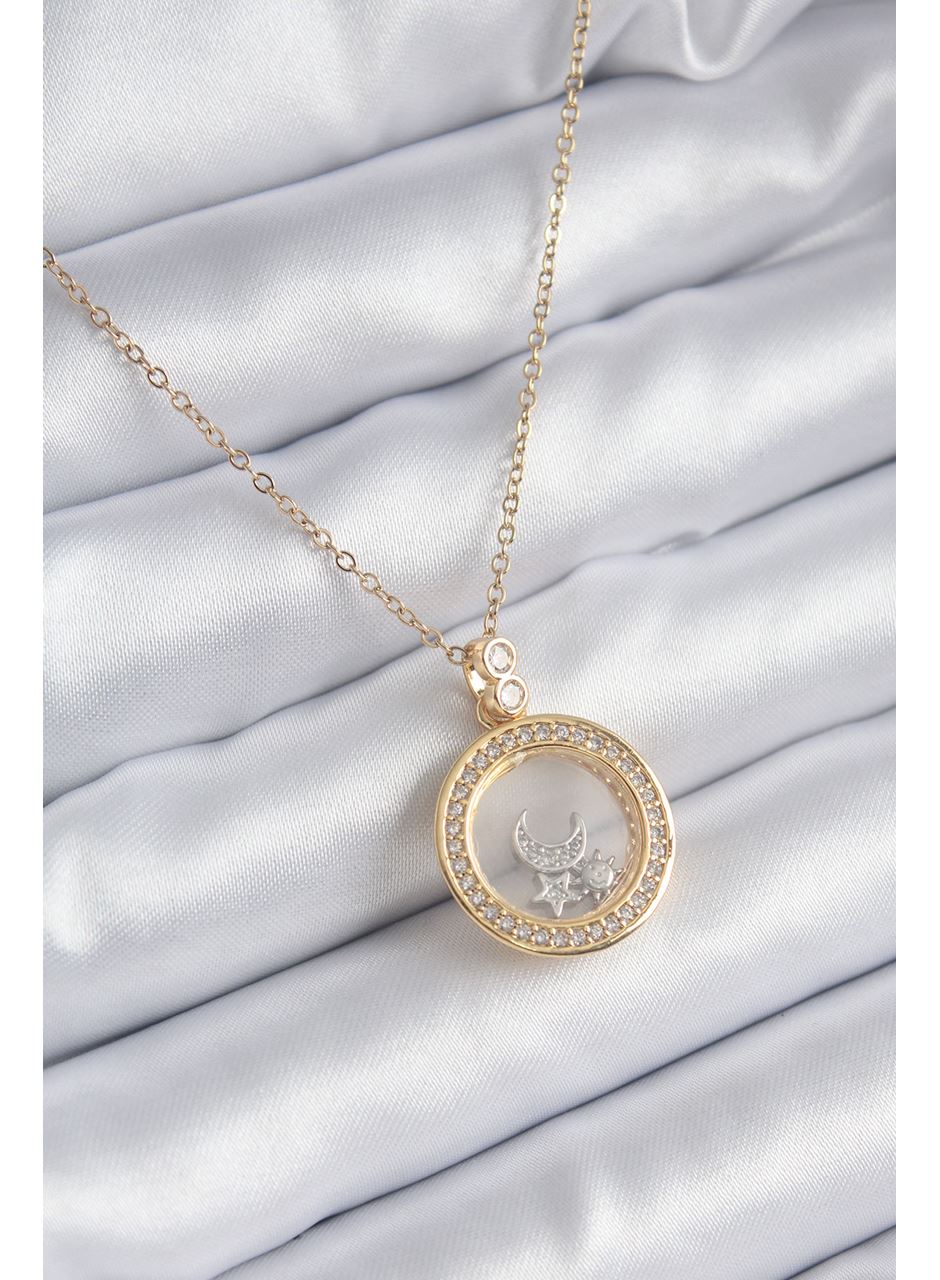 316L Çelik Gold Renk Zirkon Taş Detay Ay Yıldız Fanus Model Kadın Kolye