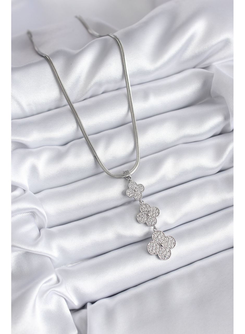 316L Çelik Gümüş Renk İtalyan Zincir Zirkon Taşı Yonca Model Kadın Kolye