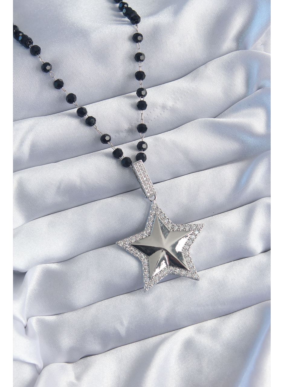 Gümüş Renk Siyah Boncuk Zirkon Taşlı Pirinç Yıldız Model VİP Seri Kadın Kolye