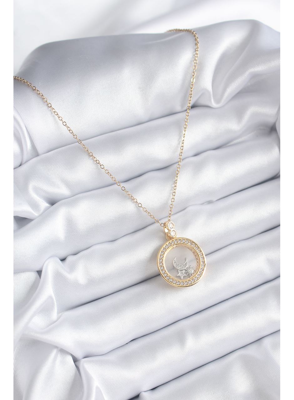316L Çelik Gold Renk Zirkon Taş Detay Ay Yıldız Fanus Model Kadın Kolye