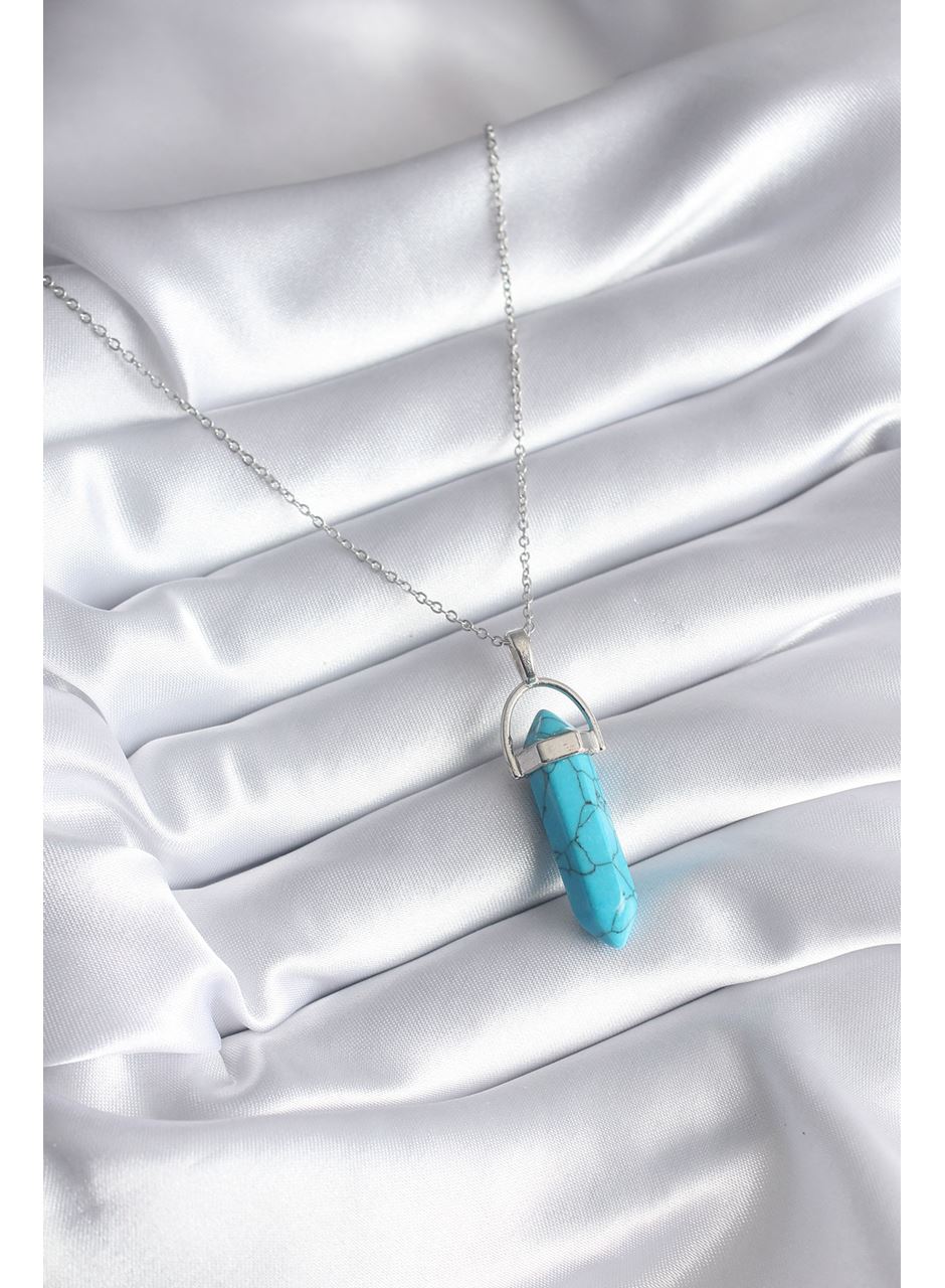 316L Çelik Gümüş Renk Mavi Taşlı Model Kadın Kolye