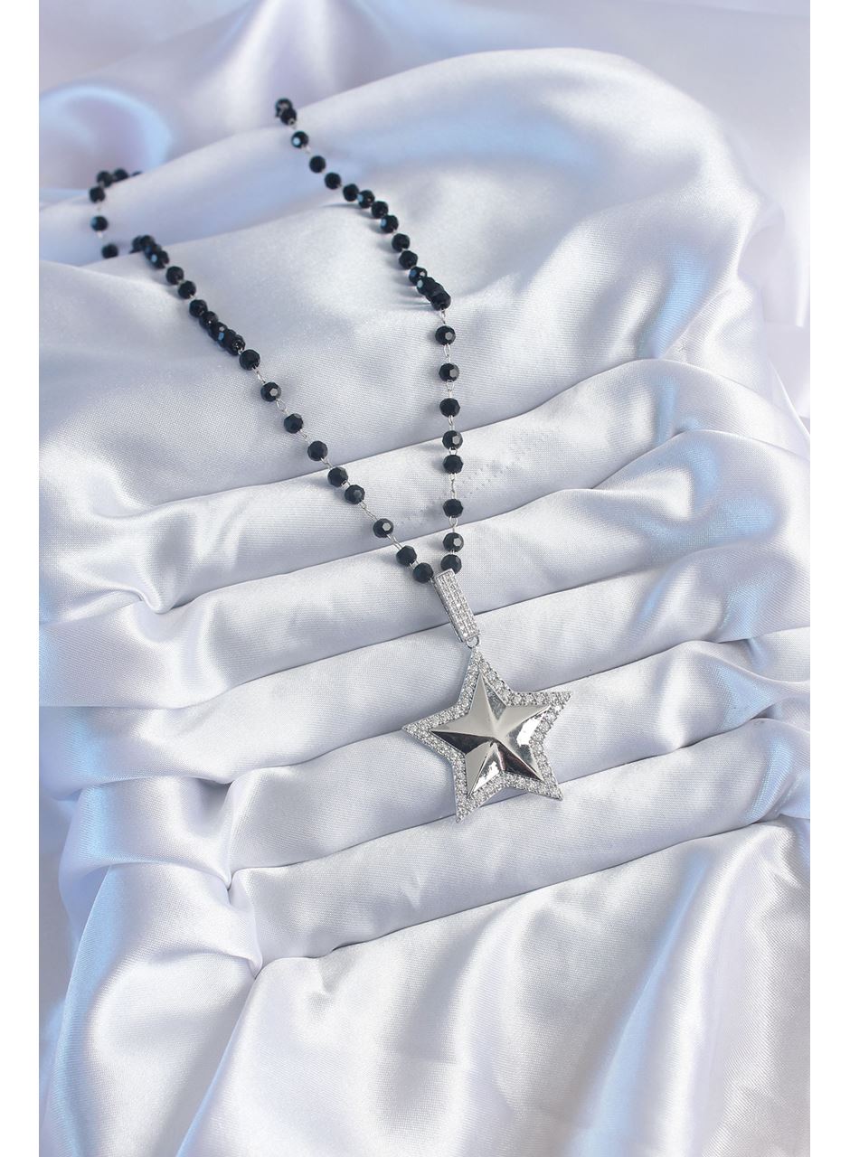 Gümüş Renk Siyah Boncuk Zirkon Taşlı Pirinç Yıldız Model VİP Seri Kadın Kolye