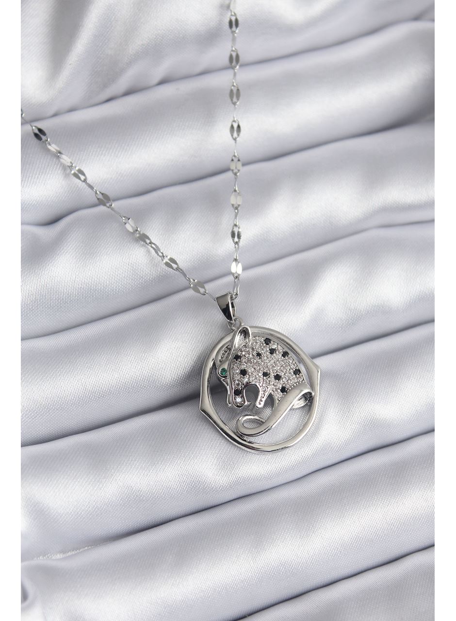 316L Çelik Gümüş Renk Zirkon Taşlı Jaguar Model Kadın Kolye