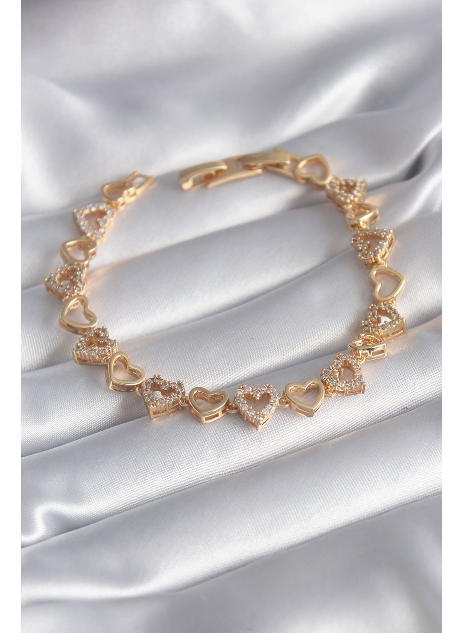 Pirinç Gold Renk Zirkon Taşlı Kalp Model VIP Seri Kadın Bileklik