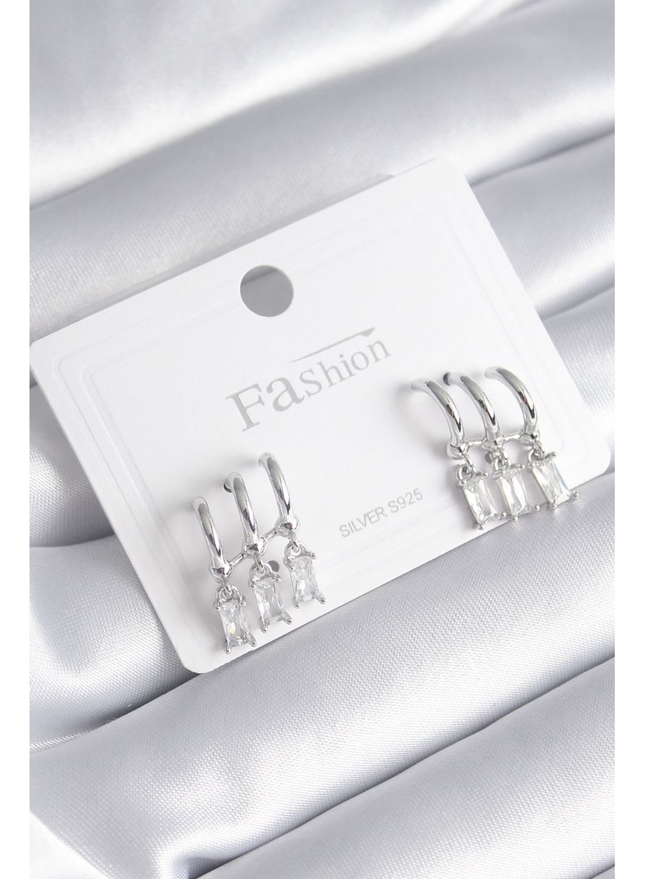 Pirinç Gümüş Renk 3'lü Sallantı Zirkon Taşlı Küpe