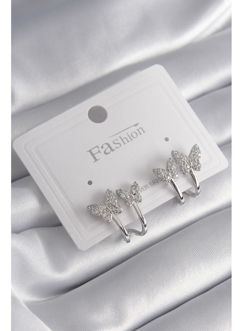 Pirinç Gümüş Renk Zirkon Taşlı Kelebek Model Kadın Küpe