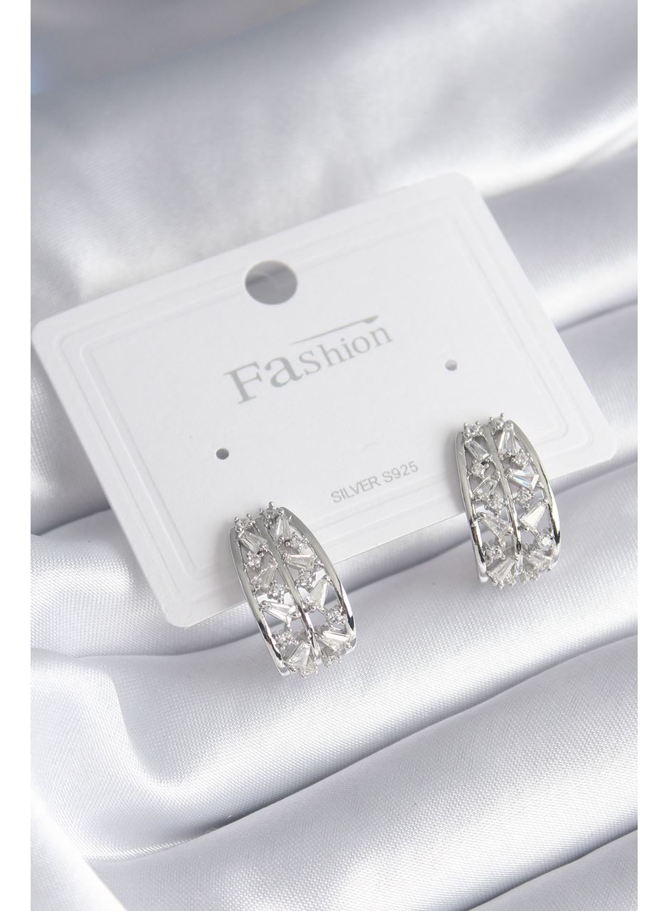 Pirinç Gümüş Renk Zirkon Taşlı Kadın Küpe