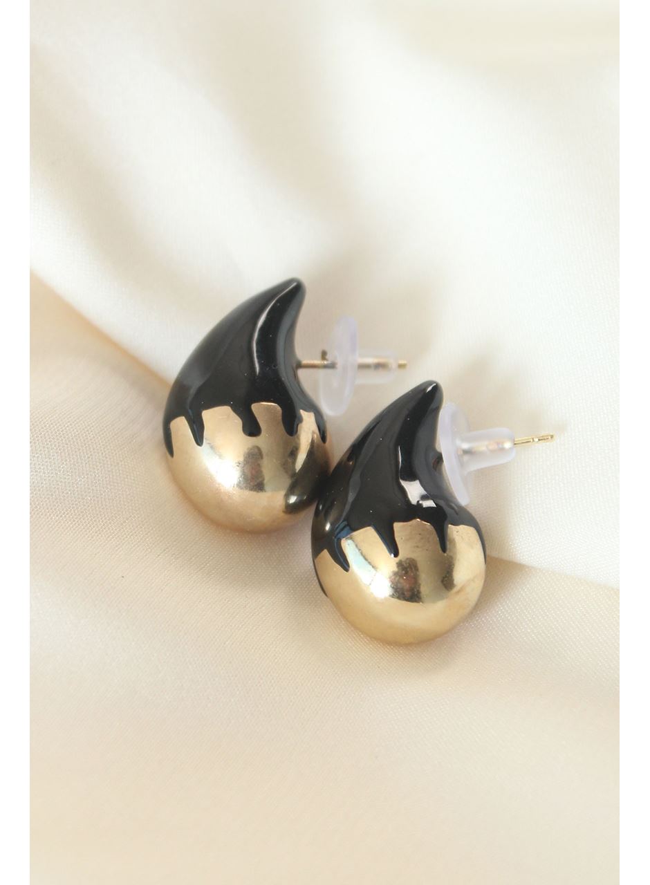 Minimal Siyah Mineli Çift Renk Damla Küpe