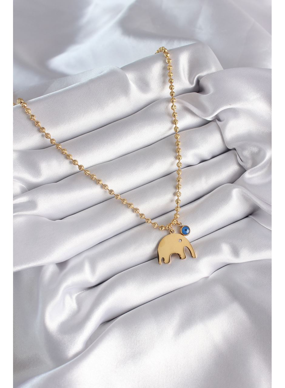 316L Çelik Gold Renk Top Zincir Model Fil Figür Nazar Boncuk Detay Kadın Kolye