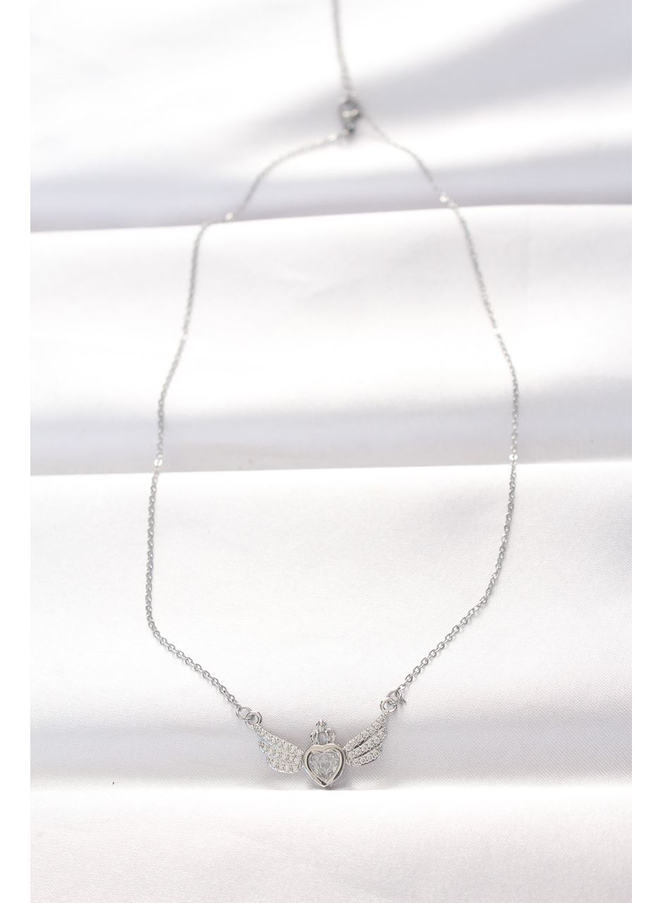 316L Çelik Silver Renk Zirkon Taşlı Kalpli Kanat Kolye