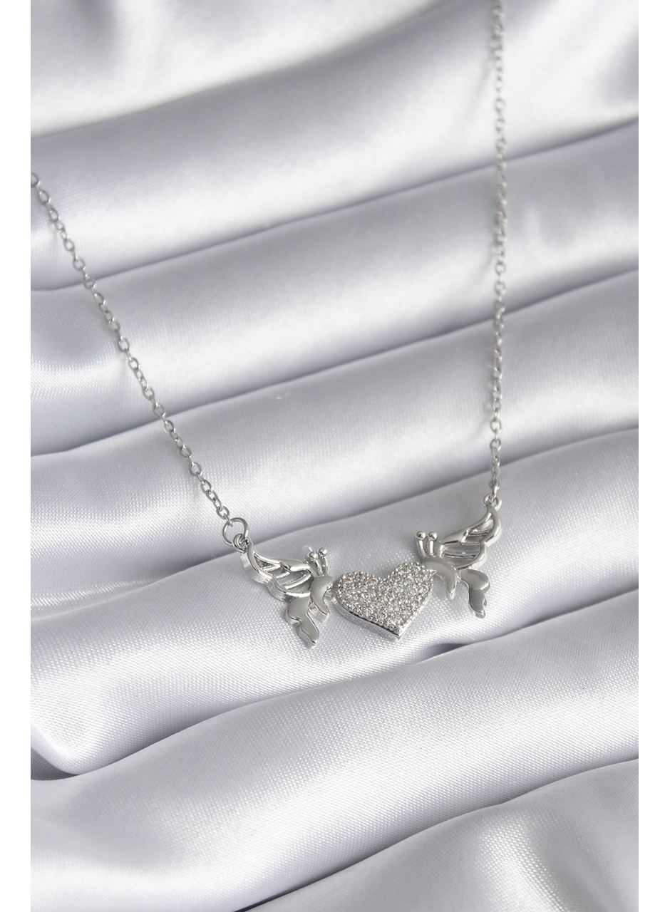 316L Çelik Gümüş Renk Zirkon Taşlı Kanat Kalp Model Kadın Kolye