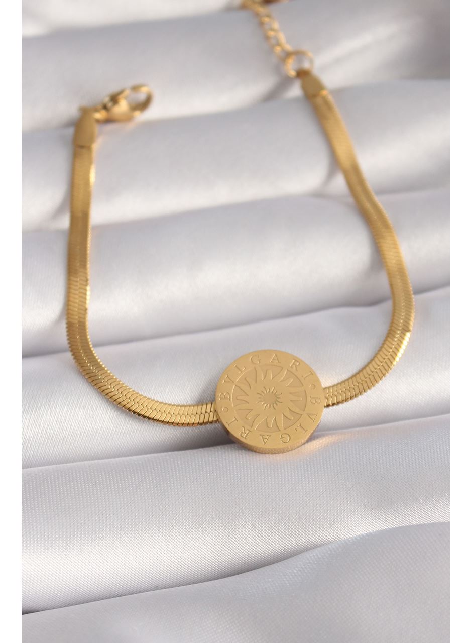 316L Çelik Gold Renk İtalyan Zincir Model İşlemeli Madalyon Figür Kadın Bileklik