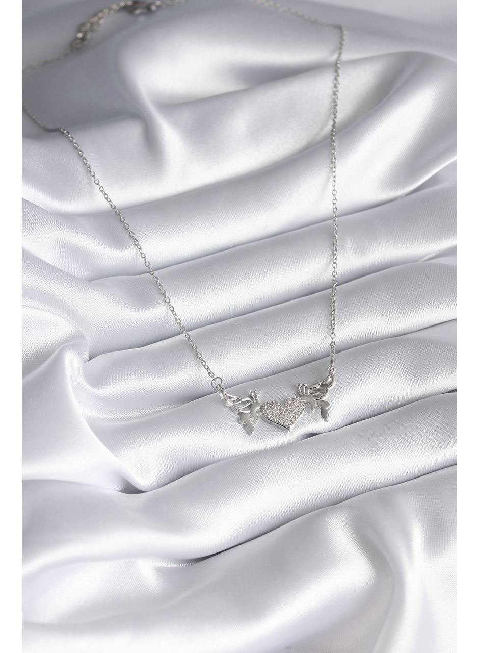 316L Çelik Gümüş Renk Zirkon Taşlı Kanat Kalp Model Kadın Kolye