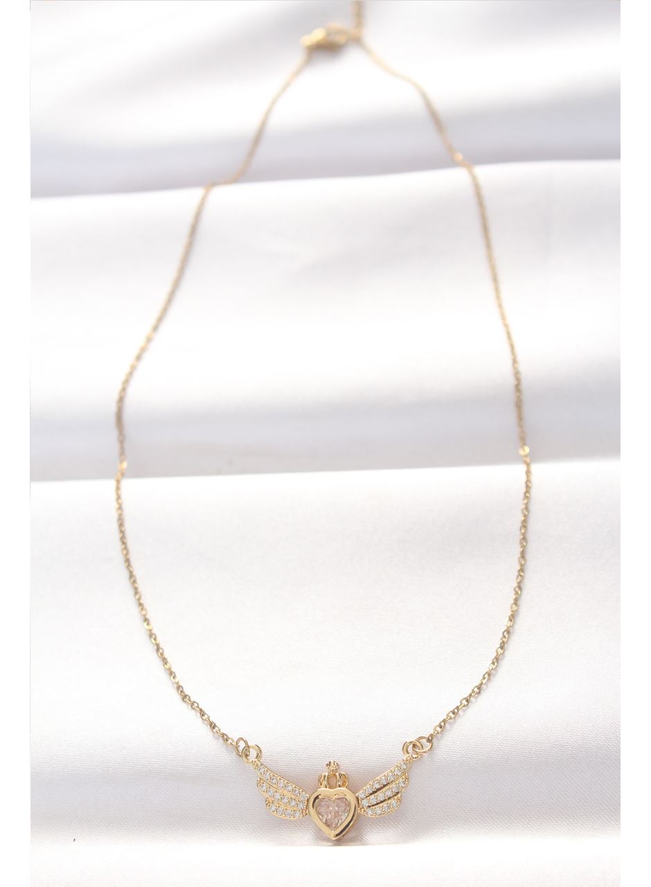 316L Çelik Gold Renk Zirkon Taşlı Kalpli Kanat Kolye