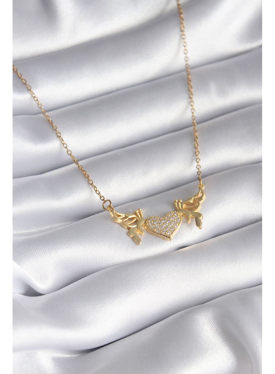 316L Çelik Gold Renk Zirkon Taşlı Kanatlı Kalp Model Kadın Kolye