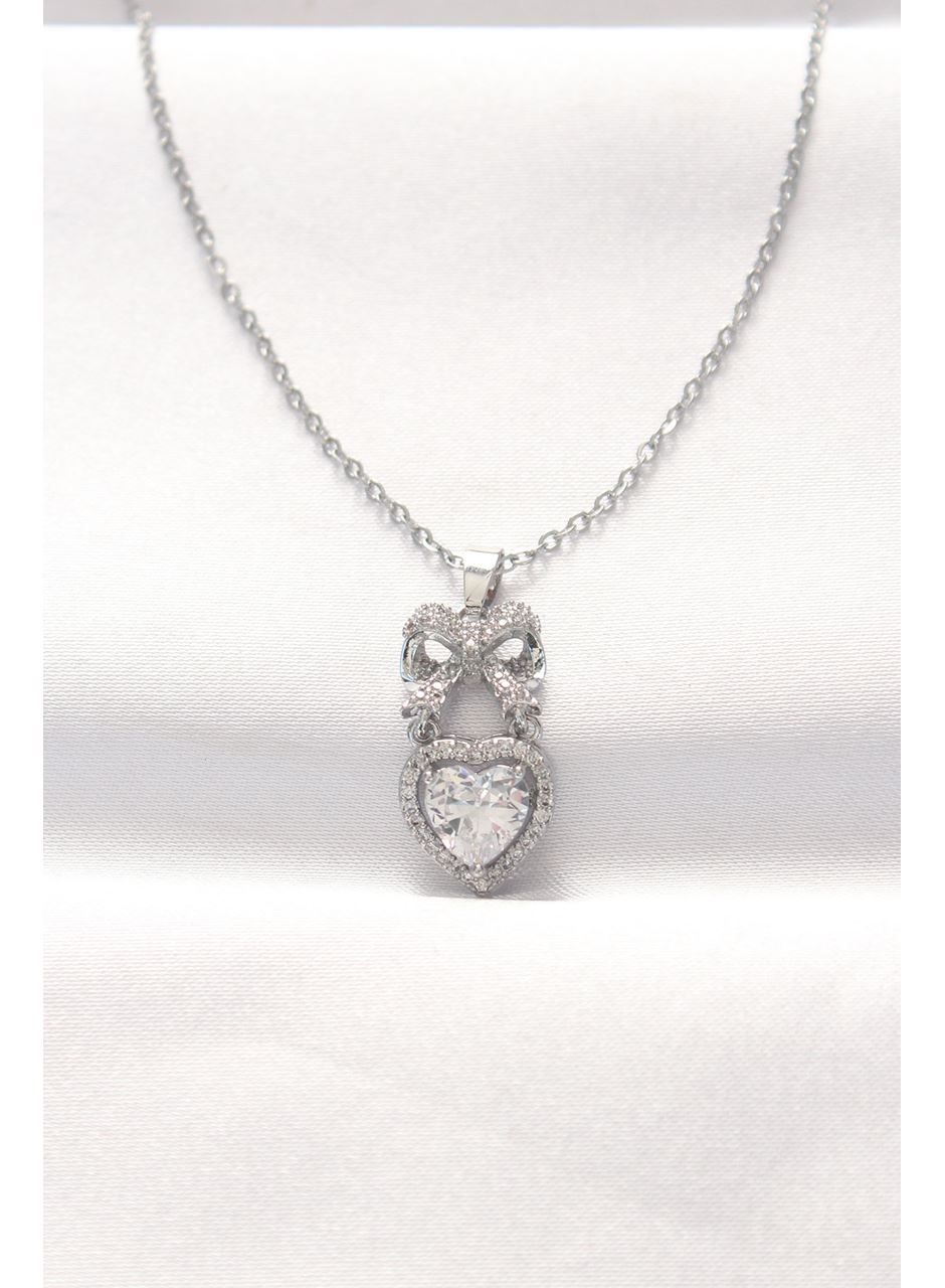 316L Çelik Silver Renk Zirkon Taşlı Kalpli Fiyonk Kolye