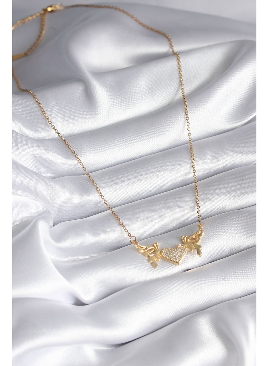 316L Çelik Gold Renk Zirkon Taşlı Kanatlı Kalp Model Kadın Kolye