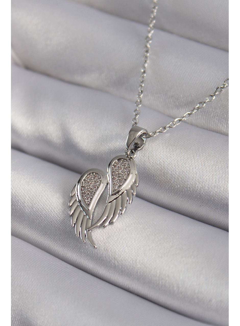 316L Çelik Gümüş Renk Zirkon Taşlı Kanat Model Kadın Kolye