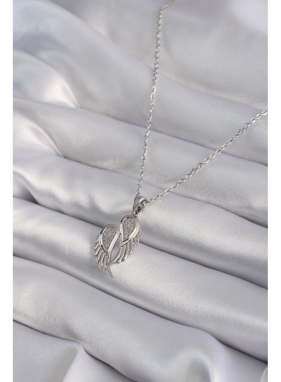 316L Çelik Gümüş Renk Zirkon Taşlı Kanat Model Kadın Kolye