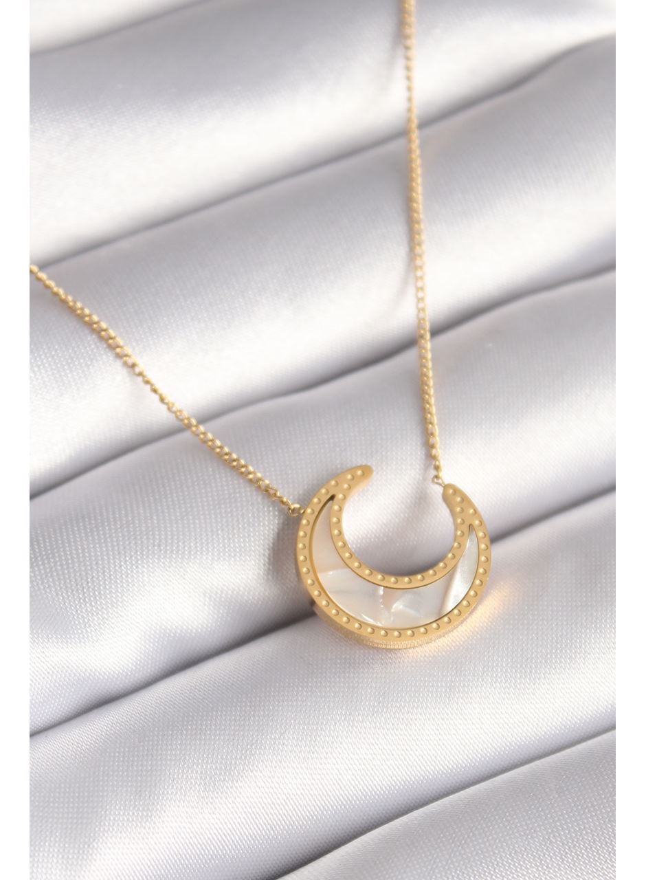 316L Çelik Gold Renk Beyaz Sedefli Hilal Model Kadın Kolye