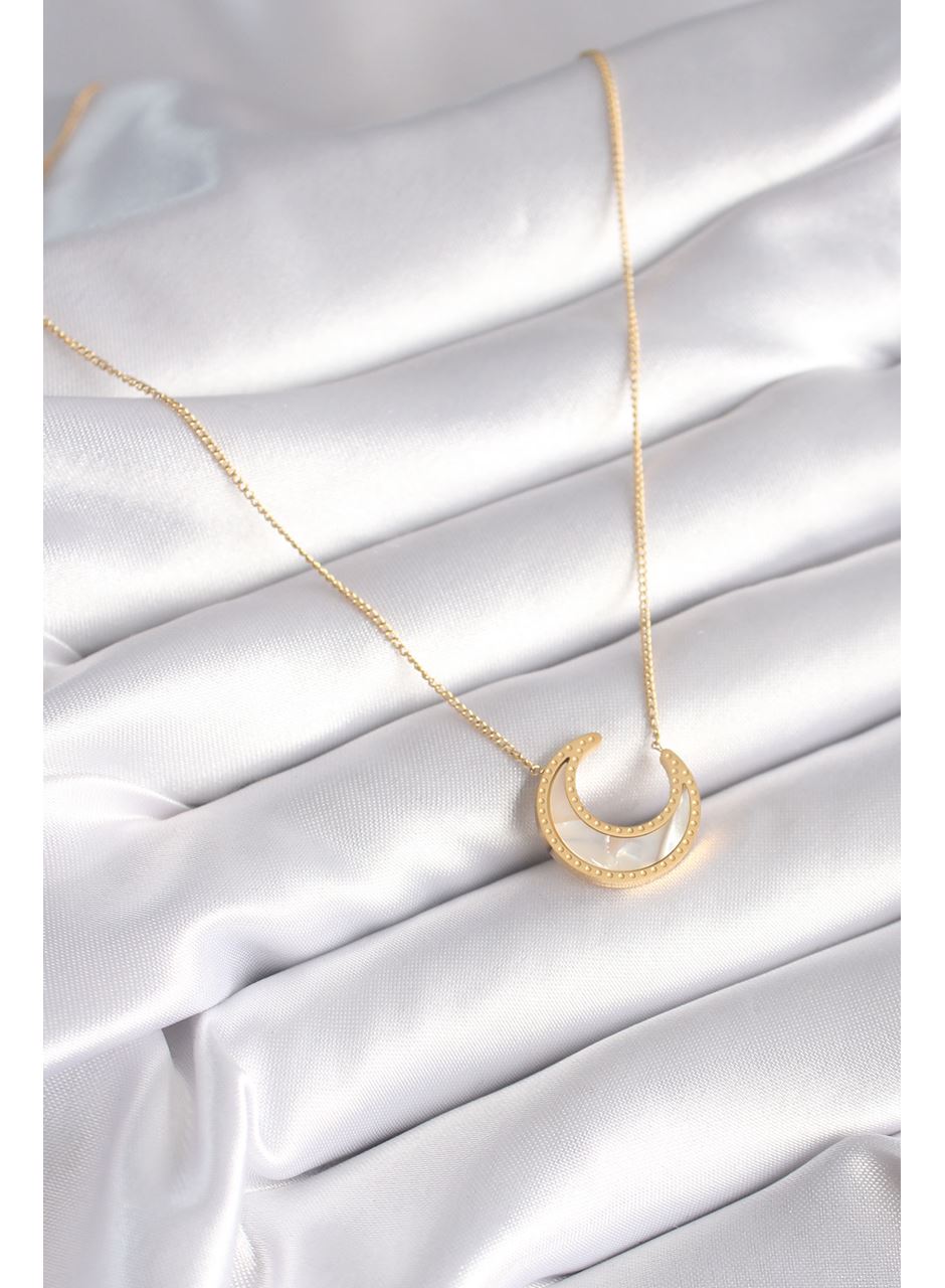 316L Çelik Gold Renk Beyaz Sedefli Hilal Model Kadın Kolye