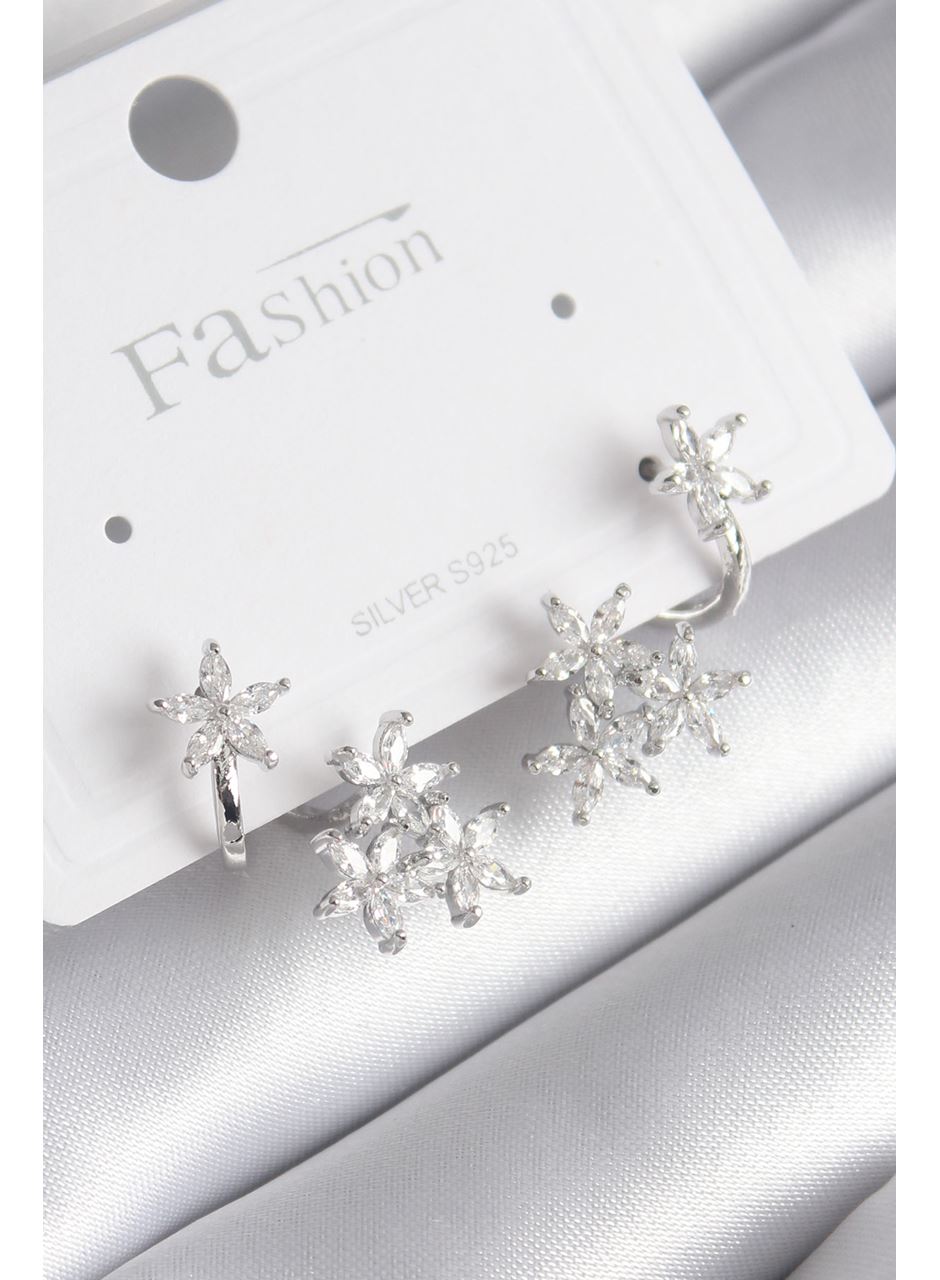 Pirinç Gümüş Renk Zirkon Taşlı Çiçek Tasarım Kadın Küpe