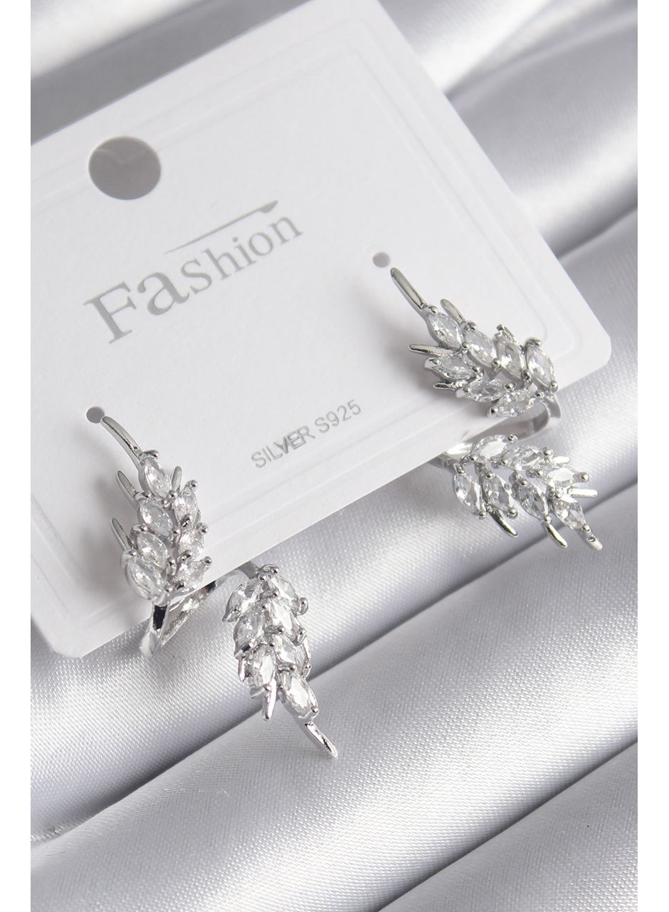 Pirinç Gümüş Renk Zirkon Taşlı Yaprak Model Kadın Küpe