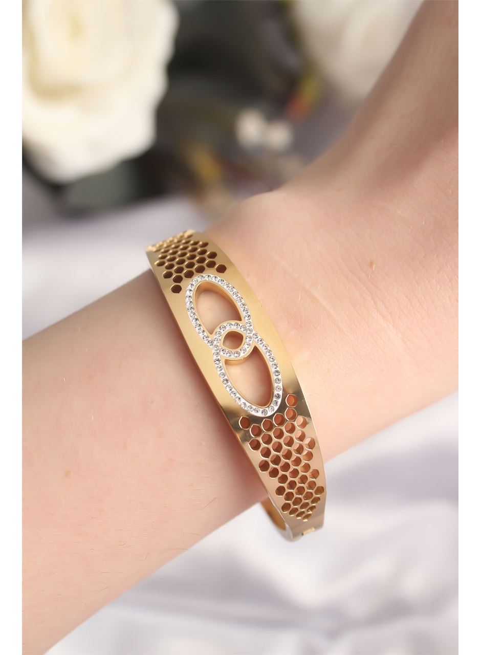 316L Çelik Gold Renk Zirkon Taşlı Kadın Kelepçe Bilezik